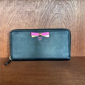 MCM Black Wallet with Pink Bow Accent
